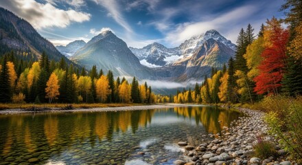 Fototapeta premium Picturesque autumn landscape with a river and mountains in the background