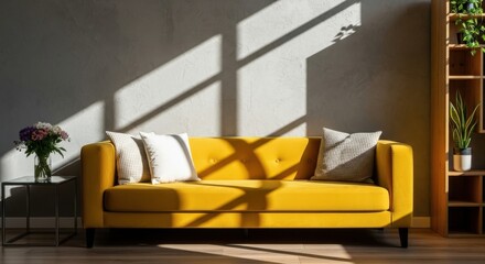 Sunlit golden sofa in a modern living room with natural light patterns