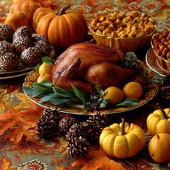 A table is set with a large turkey, orange squash, and other fall foods