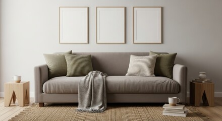Modern living room sofa setup with minimalist wall art and cozy throws