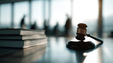 Gavel and books on a table, blurred figures in background