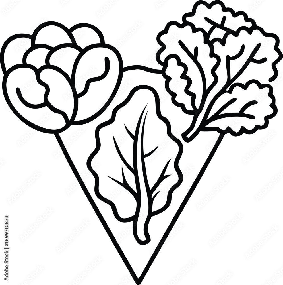 Poster thin stroke line icon of kale, lettuce, and cauliflower arranged in triangular balance..