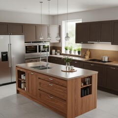 Modern kitchen with island, brown cabinets, stainless steel appliances and sink