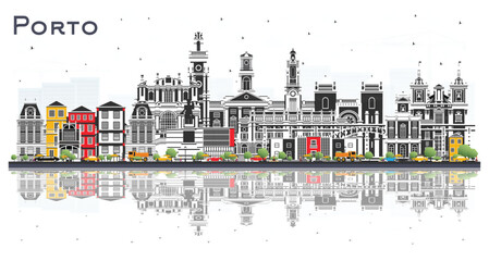 Porto Portugal City Skyline with Color Buildings Isolated on Whıte. Porto Cityscape with Landmarks. Business Travel and Tourism Concept with Historic Architecture.