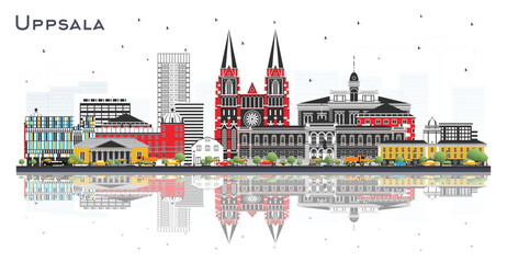 Uppsala Sweden City Skyline with Color Buildings Isolated on White. Uppsala Cityscape with Landmarks. Business Travel and Tourism Concept with Historic Architecture.
