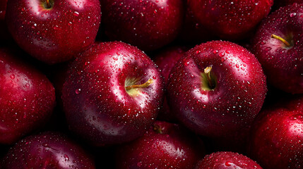 Fresh red apples with water drops, close-up background of ripe fruits