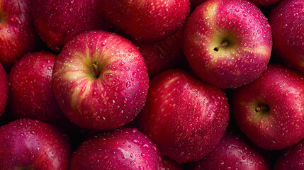 Fresh red apples with water drops, close-up background of ripe fruits