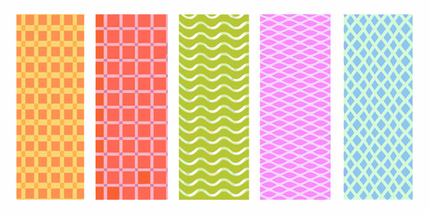Collection of five vertical decorative patterns in bright pastel colors and geometric designs