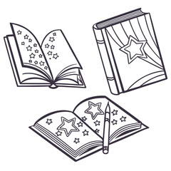 Three whimsical line art drawings of open and closed books adorned with stars and a pencil