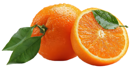 Two Sparkling Oranges with Green Leaves on a Transparent Background