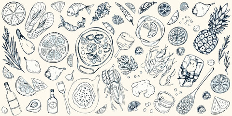 Hand drawn sketch of various food and drinks including pizza wine cheese fruit and cocktails on a light background