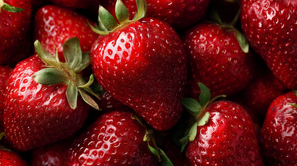Close-up of fresh ripe strawberries with green stems, juicy and vibrant red texture
