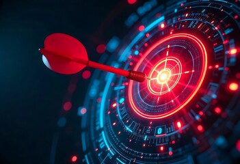 Red dart hits digital target, symbolizing precision, success, and innovation. Futuristic data streams emphasize strategy, technology, finance, AI, networking, business, growth, and modern achievement.
