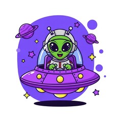 Cute Alien in a Flying Saucer Spaceship Cartoon Illustration.