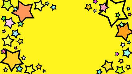 カラフルな星が飛び出すポップで目立つ黄色背景イラストフレーム　16:9