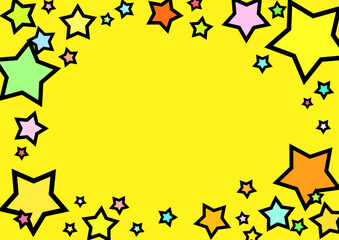 カラフルな星が飛び出すポップで目立つ黄色背景イラストフレーム　横