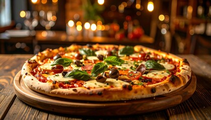 Delicious freshly baked pizza with olives and basil on a wooden platter in a restaurant