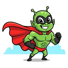 Obraz premium Green Alien Superhero Cartoon Character with Red Cape and Mask.