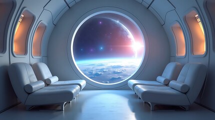 Fototapeta premium Interior of a spaceship cabin with white seats and a large circular window showing Earth and space graphic
