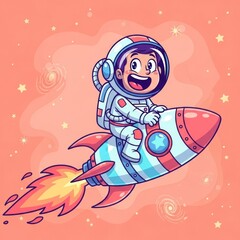 Happy Astronaut Kid Riding Rocket in Space with Stars and Galaxies.