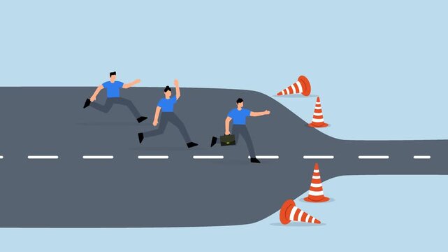 Bottleneck make business run slow, Business individuals sprint along broad path to arrive at tight, sluggish bottleneck