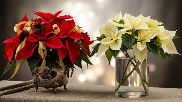 A stunning arrangement of red and white poinsettia flowers in elegant vases, set against a soft bokeh background