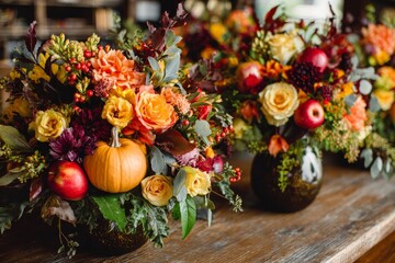 Vibrant autumnal floral arrangements in dark-toned vases, featuring pumpkins and apples, sit artfully on a rustic wooden table.