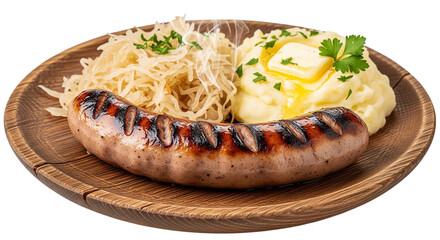 Grilled sausage with sides on wood