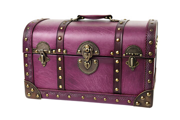 Vintage purple treasure chest with metal accents and decorative hardware on black background