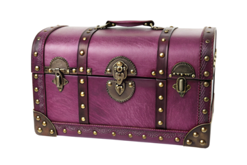 Vintage purple treasure chest with metal accents and decorative hardware on black background