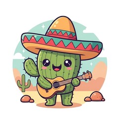 Cute cartoon cactus wearing sombrero playing guitar in sunny desert scene.