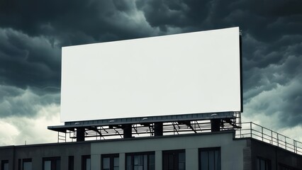 Fototapeta premium Blank Billboard on Building Rooftop Under Stormy Sky: Dramatic Contrast