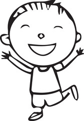 A black and white digital line drawing happy children in various playful poses, wearing casual clothing. The cute and cartoonish style makes it ideal for coloring activities.