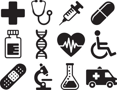 Medical icons and symbols for healthcare, hospital, and clinics