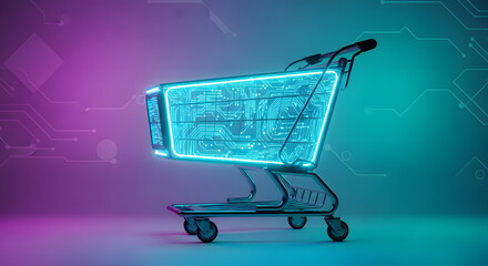 futuristic shopping cart glowing with blue light, representing online commerce and digital transformation