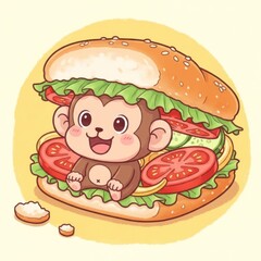 Cute Cartoon Monkey in a Delicious Sandwich Illustration.