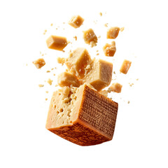 Aged Parmigiano Reggiano block cracked open to reveal gritty inner texture, with cheese shavings falling mid-air