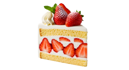 A slice of strawberry shortcake isolated on transparent background, a classic dessert with sponge cake, whipped cream, and fresh strawberries