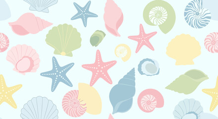 Seamless Vector Pattern with Starfish Shells Sea Life Modern Design in Pastel Color Tones