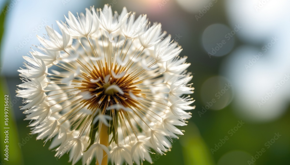 Poster close-up of a delicate dandelion puff with sunlight creating a soft glow and beautiful bokeh backgro