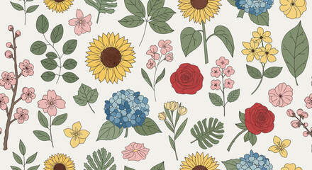 Floral Vector Pattern with Sunflower Rose and Hydrangea in Vintage Style