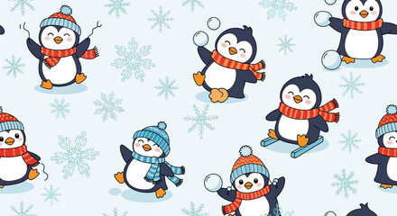 Cute Penguin Vector Pattern with Snowflakes Winter Hats and Scarves Cartoon Illustration Background in Soft Blue Colors