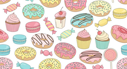 Sweet Vector Pattern with Cupcakes Macarons and Doughnuts in Pastel Colors