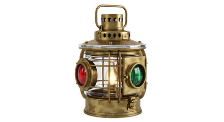 Vintage brass ship lantern with red and green lights isolated on transparent background, a nautical antique for maritime enthusiasts and collectors alike