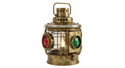 Vintage brass ship lantern with red and green lights isolated on transparent background, a nautical antique for maritime enthusiasts and collectors alike