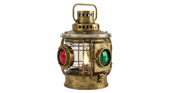 Vintage brass ship lantern with red and green lights isolated on transparent background, a nautical antique for maritime enthusiasts and collectors alike
