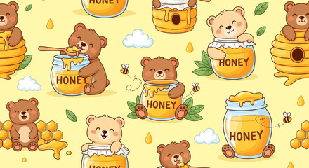 Cartoon Bear Vector Pattern with Honey Pot Illustration Cute Animals and Bees on Light Yellow Background