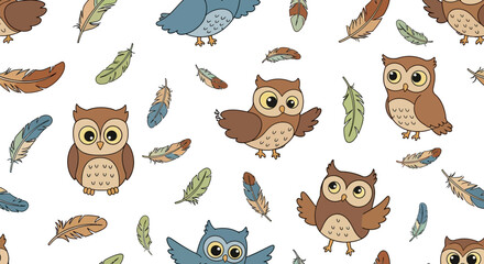 Fototapeta premium Cartoon Vector Pattern with Owl and Feather Elements in Cute Style