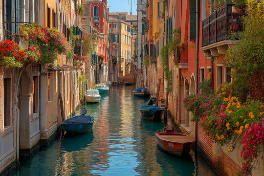 Vibrant venice canal scene with colorful buildings and boats reflecting in water