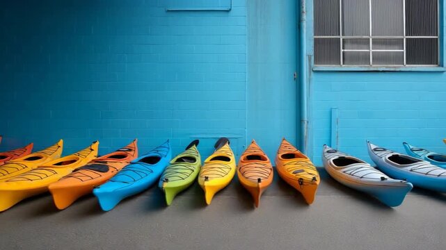 A row of kayaks are lined up against a blue wall. The kayaks are of different colors, including yellow, orange, and green. Concept of organization and order